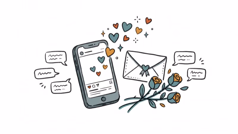Hand-drawn smartphone with floating heart emojis love letter and roses