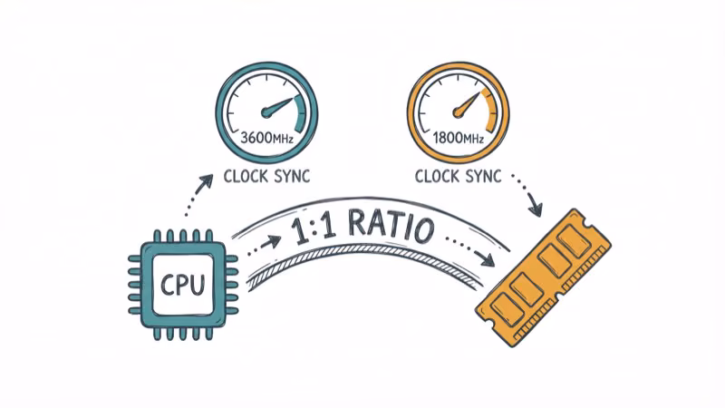 AMD Infinity Fabric 1:1 ratio diagram showing CPU and RAM clock synchronization