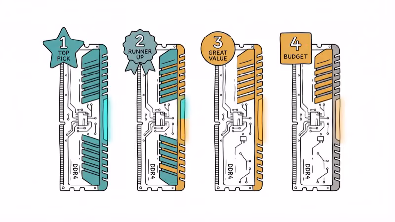 DDR4 RAM sticks lined up with ranking badges showing top product picks