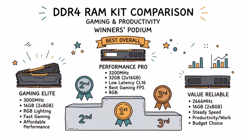 DDR4 RAM kits displayed on a podium comparing gaming and productivity performance