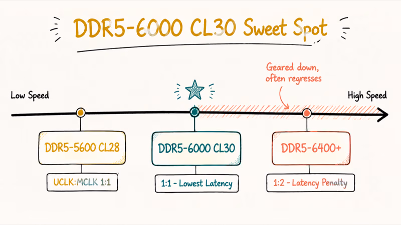 Hand-drawn DDR5 speed scale marking 6000 CL30 as the low-latency sweet spot for the 7800X3D
