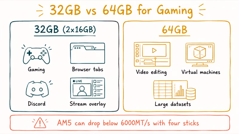 Side-by-side of 32GB for gaming versus 64GB for editing and virtual machines on AM5 build