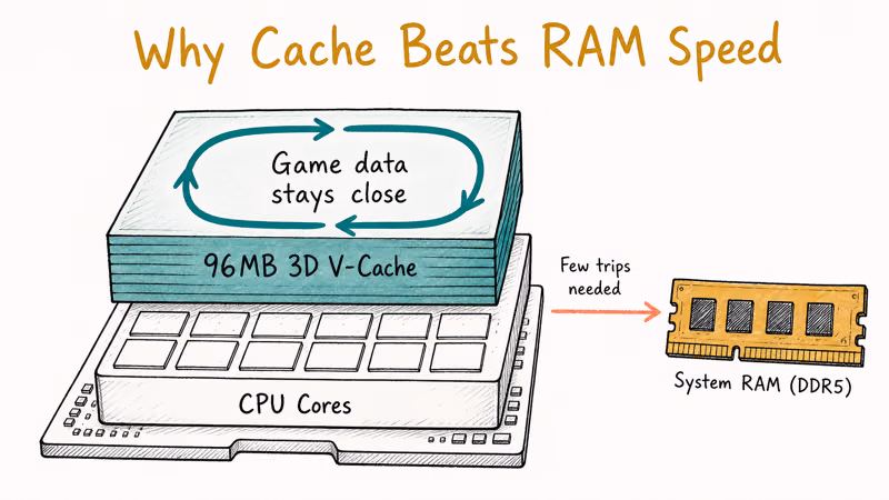 Cutaway showing 96MB 3D V-Cache absorbing game data so the 7800X3D rarely touches system RAM
