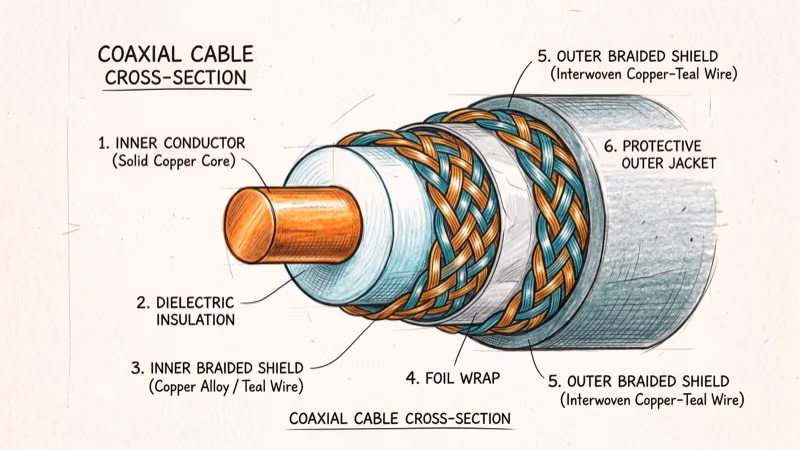Cross-section diagram of RCA cable shielding layers and conductor
