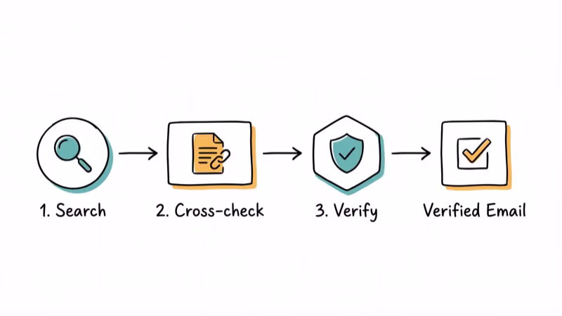 Step by step flowchart for reverse email lookup from search to verification