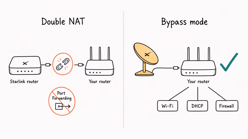 Network diagram comparing double NAT setup against single router using Starlink bypass mode