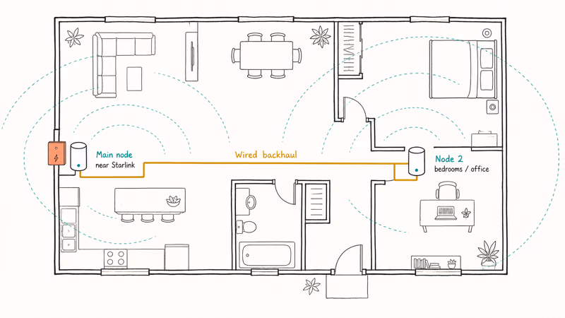 Two-node mesh layout with wired Ethernet backhaul linking main and bedroom nodes