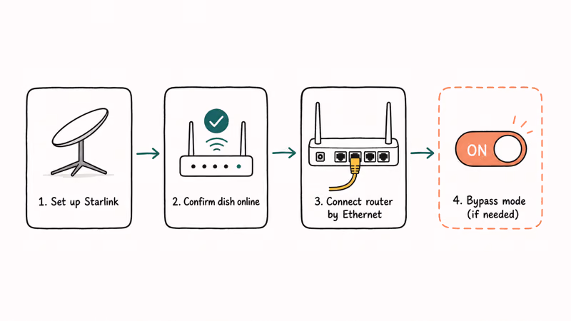 Step sequence for setting up Starlink then connecting a third-party router by Ethernet