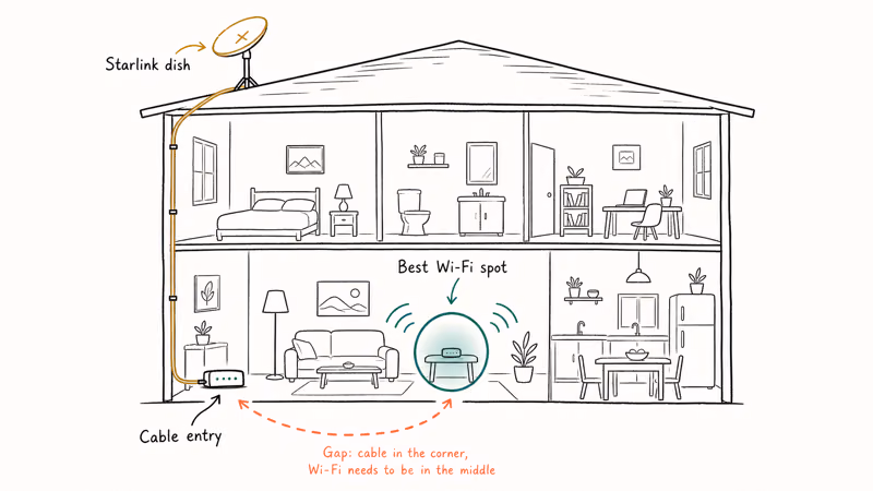 House cutaway showing Starlink dish cable entry point and ideal central router placement
