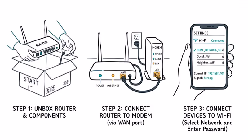 Step by step router setup process from unboxing to WiFi configuration