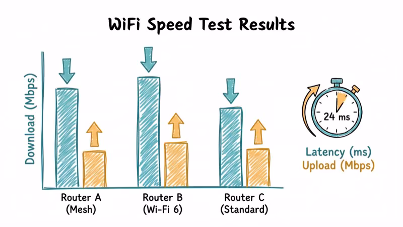 WiFi speed test results comparing budget routers at different distances