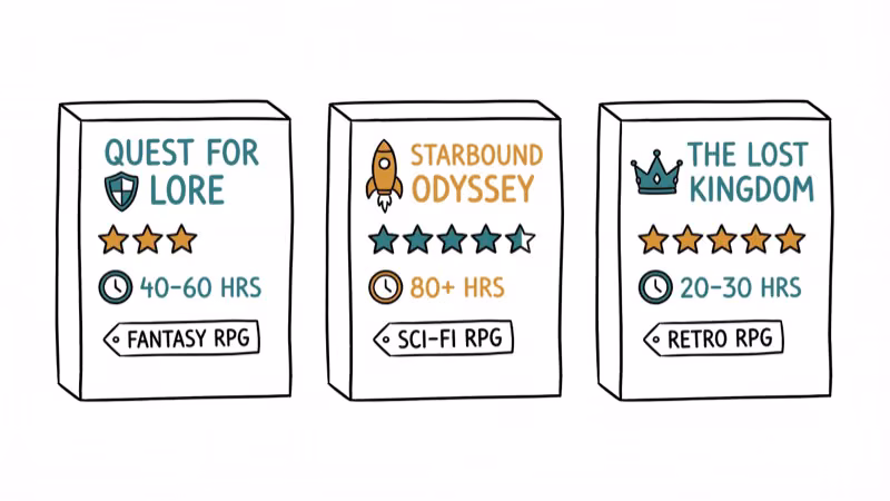 RPG game boxes side by side with star ratings and playtime indicators