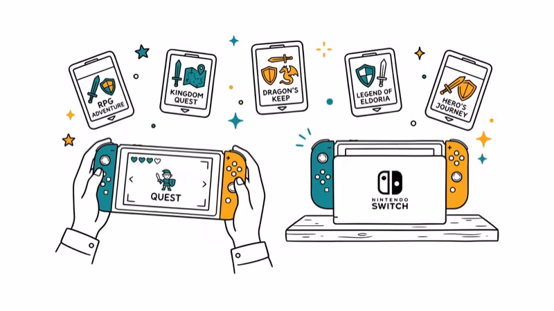 Nintendo Switch with RPG game cartridges and sword shield icons