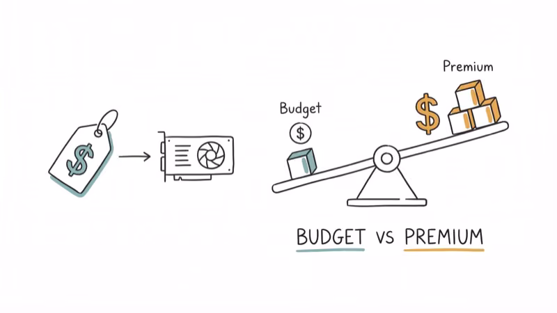 Budget versus premium GPU comparison with price tag and balance scale