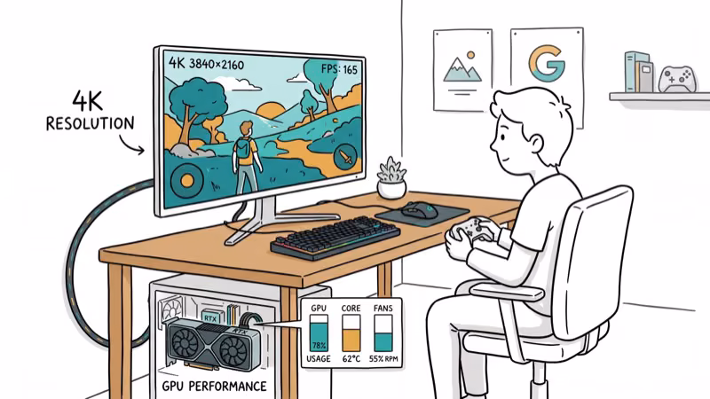 Gaming monitor showing 4K resolution with FPS counter connected to GPU performance charts