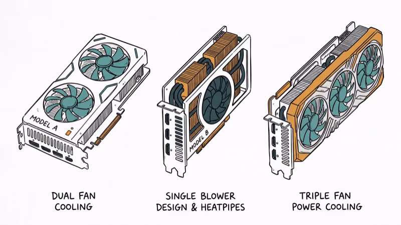 Three graphics cards shown from different angles highlighting cooling fan designs