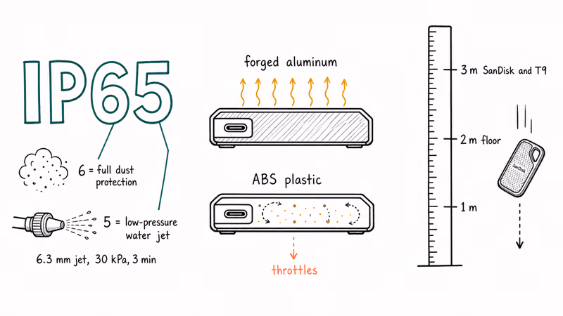 IP65 rating diagram explaining dust and water digits with chassis material and drop height markers