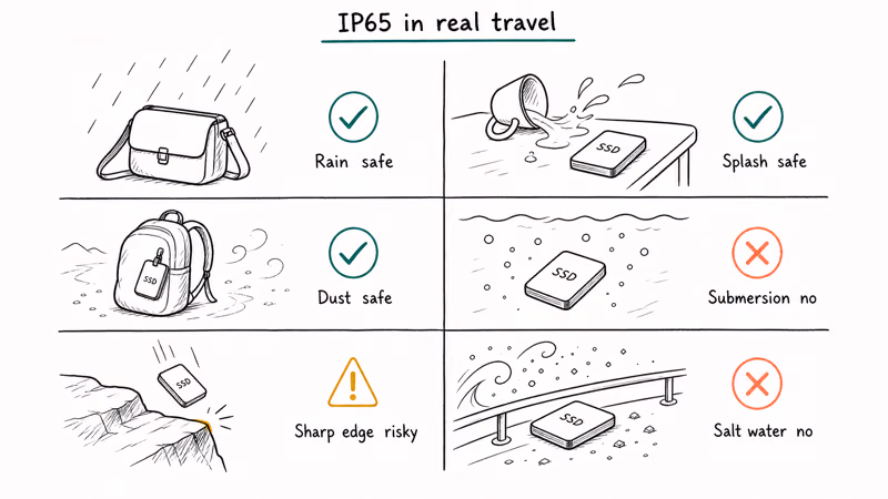 IP65 SSD scenarios grid showing safe rain splash dust uses versus risky lake submersion