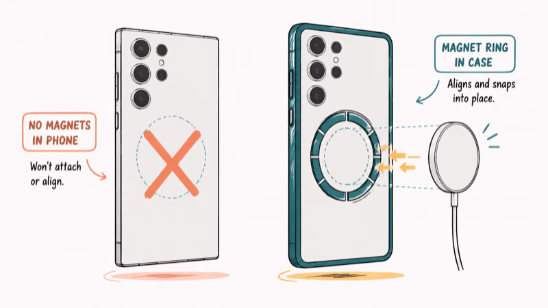Galaxy S25 Ultra case adding magnet ring for magnetic wireless charger snap