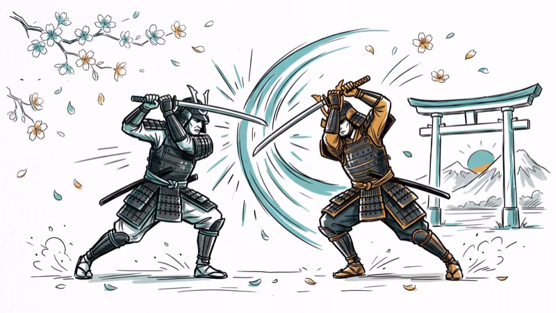 Two samurai warriors in dynamic sword combat with cherry blossoms