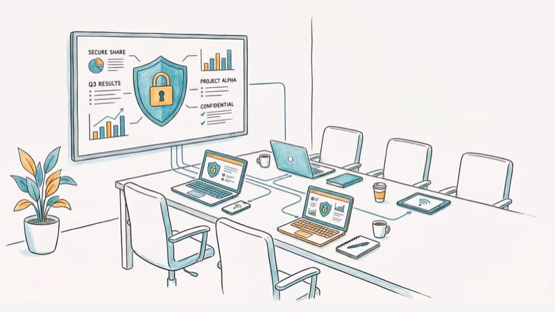 Secure corporate meeting room with screen sharing and security shield icon
