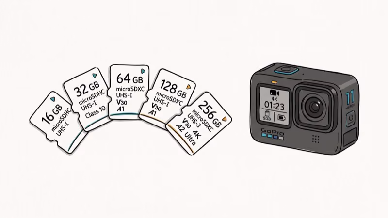 Five microSD cards arranged with a GoPro camera showing storage options
