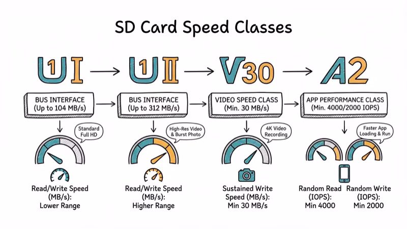 MicroSD speed class symbols UHS-I V30 A2 with read write gauges