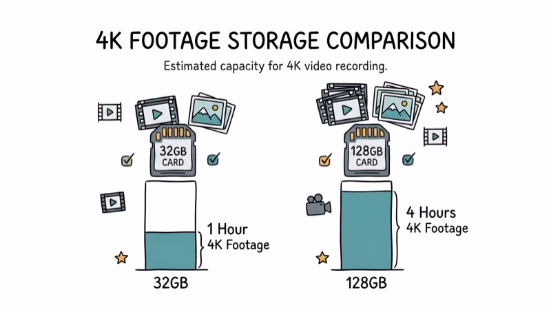 Storage capacity comparison showing video clips and footage duration per card size