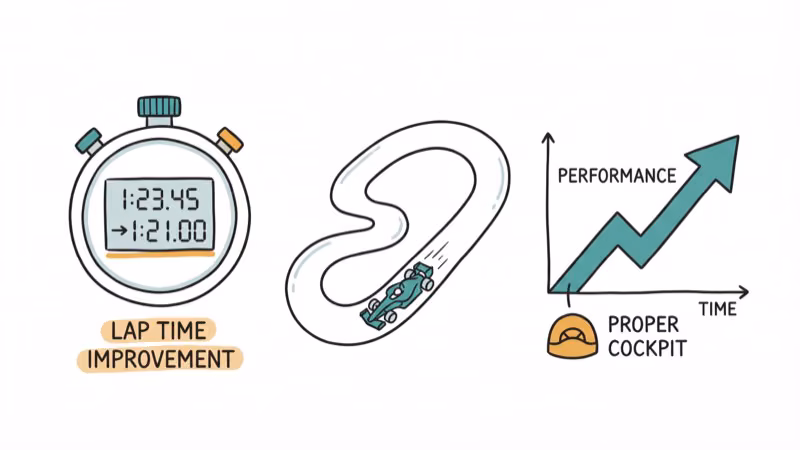 Race track with stopwatch showing lap time improvement from proper cockpit