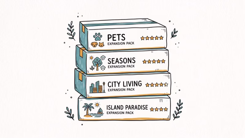 Stacked expansion pack boxes with themed icons and star ratings