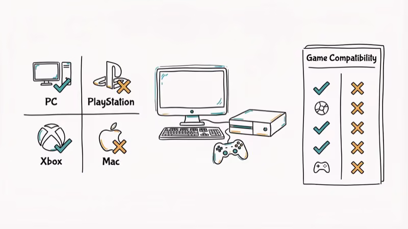 Platform icons for PC PlayStation Xbox and Mac showing game compatibility