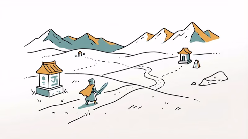 Open world landscape with mountains shrines and hero character exploring terrain