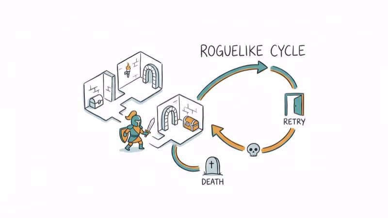 Warrior character fighting through dungeon rooms with looping retry cycle arrows