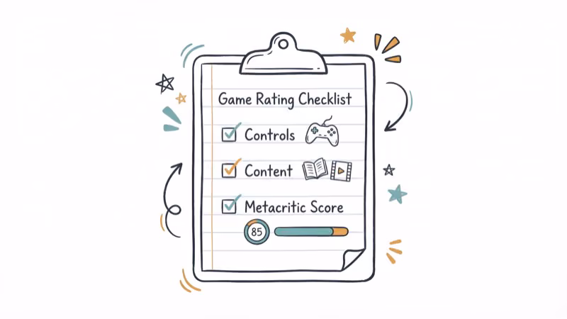 Game selection checklist with rating criteria for controls content and scores