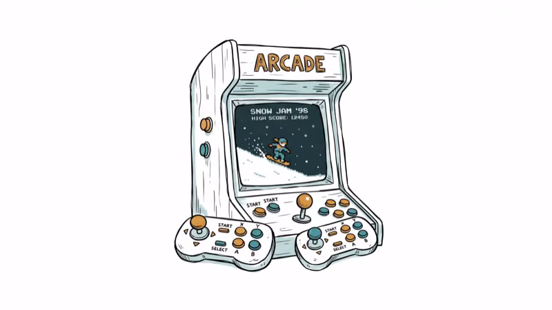 Retro arcade cabinet with snowboarder character and pixelated snow effects