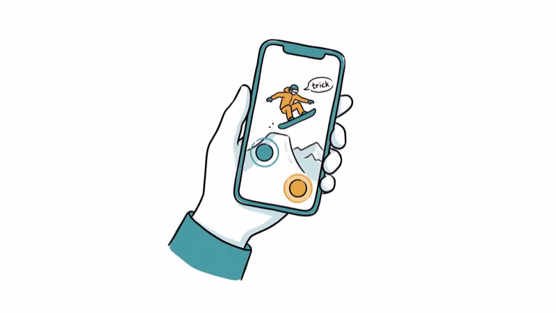 Smartphone showing snowboarding game with touch controls and trick action