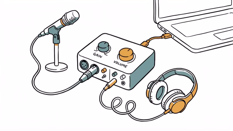 Desktop audio interface connected to studio headphones and microphone with cables