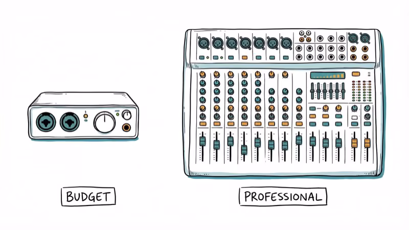 Budget and professional audio interfaces side by side showing feature differences