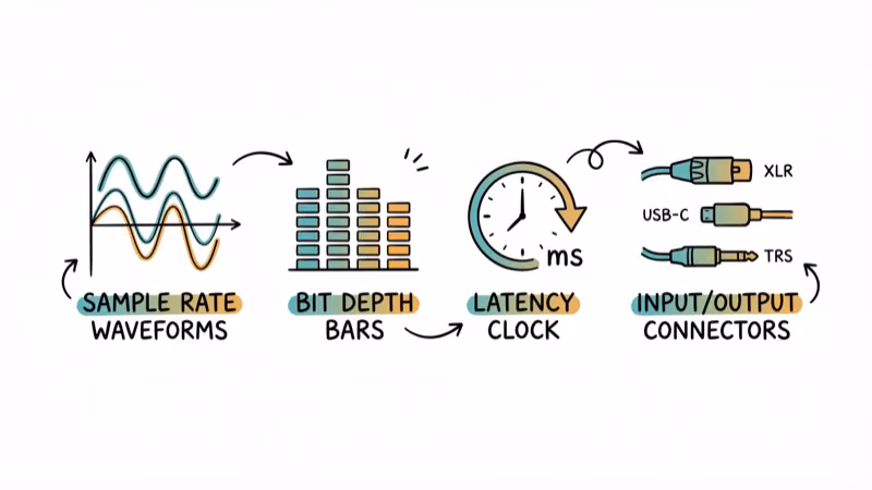 Technical spec icons showing sample rate waveforms bit depth and latency gauges