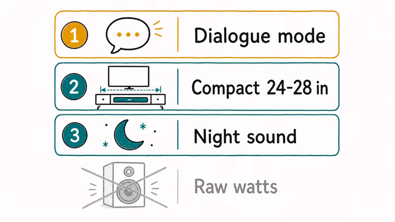 Hand drawn chart ranking apartment soundbar priorities like dialogue mode and compact size