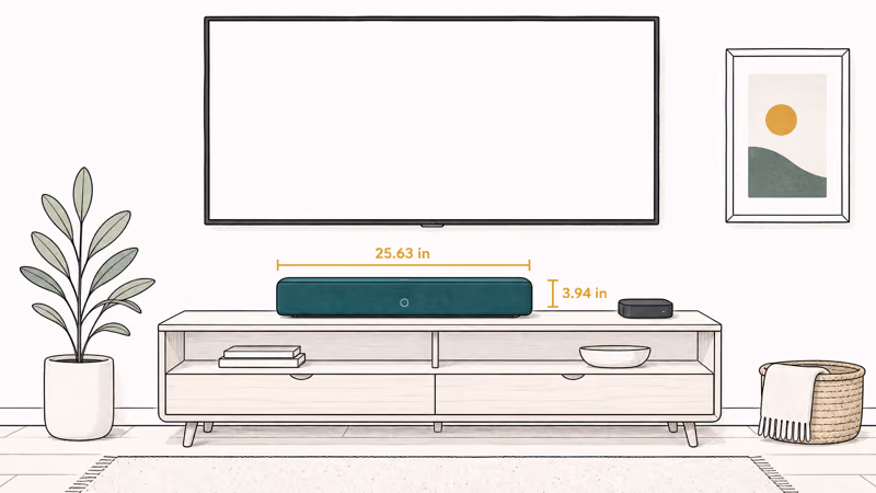 Compact Sonos Beam soundbar sitting under a wall mounted television with labeled width dimensions