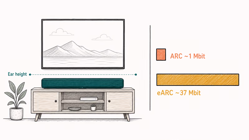 Apartment soundbar placement guide with HDMI ARC versus eARC bandwidth comparison under a television