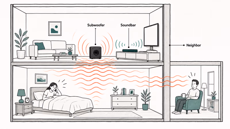 Cutaway illustration showing subwoofer bass traveling through apartment floors and shared walls to neighbors