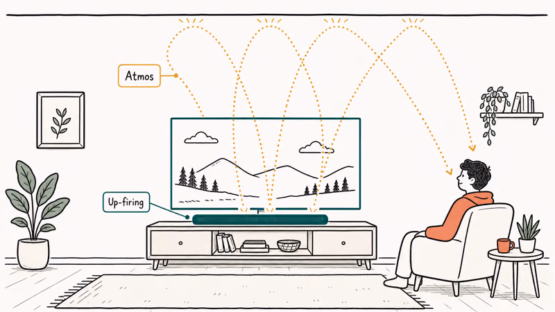 Single soundbar under a TV bouncing Dolby Atmos height effects off the ceiling