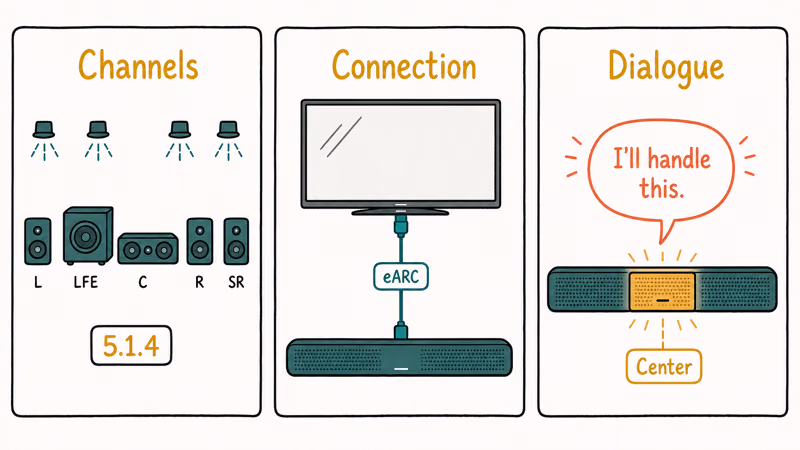 Three soundbar buying factors channel layout HDMI eARC connection and dialogue clarity