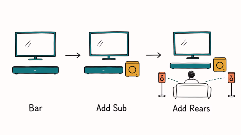 Soundbar upgrade path adding a subwoofer first then two rear surround speakers