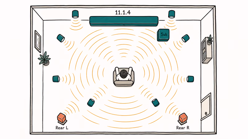 Full surround layout with soundbar subwoofer and two rear speakers around a seated viewer