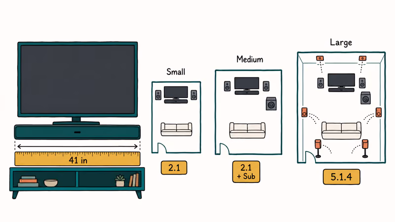 Soundbar width matched under a TV with small medium and large room speaker guidance