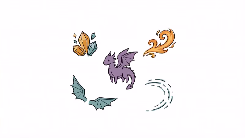 Purple dragon character surrounded by collectible gems flames and gliding wings