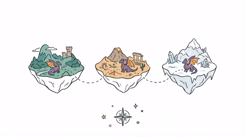 Three Spyro game environments as connected floating islands representing the trilogy